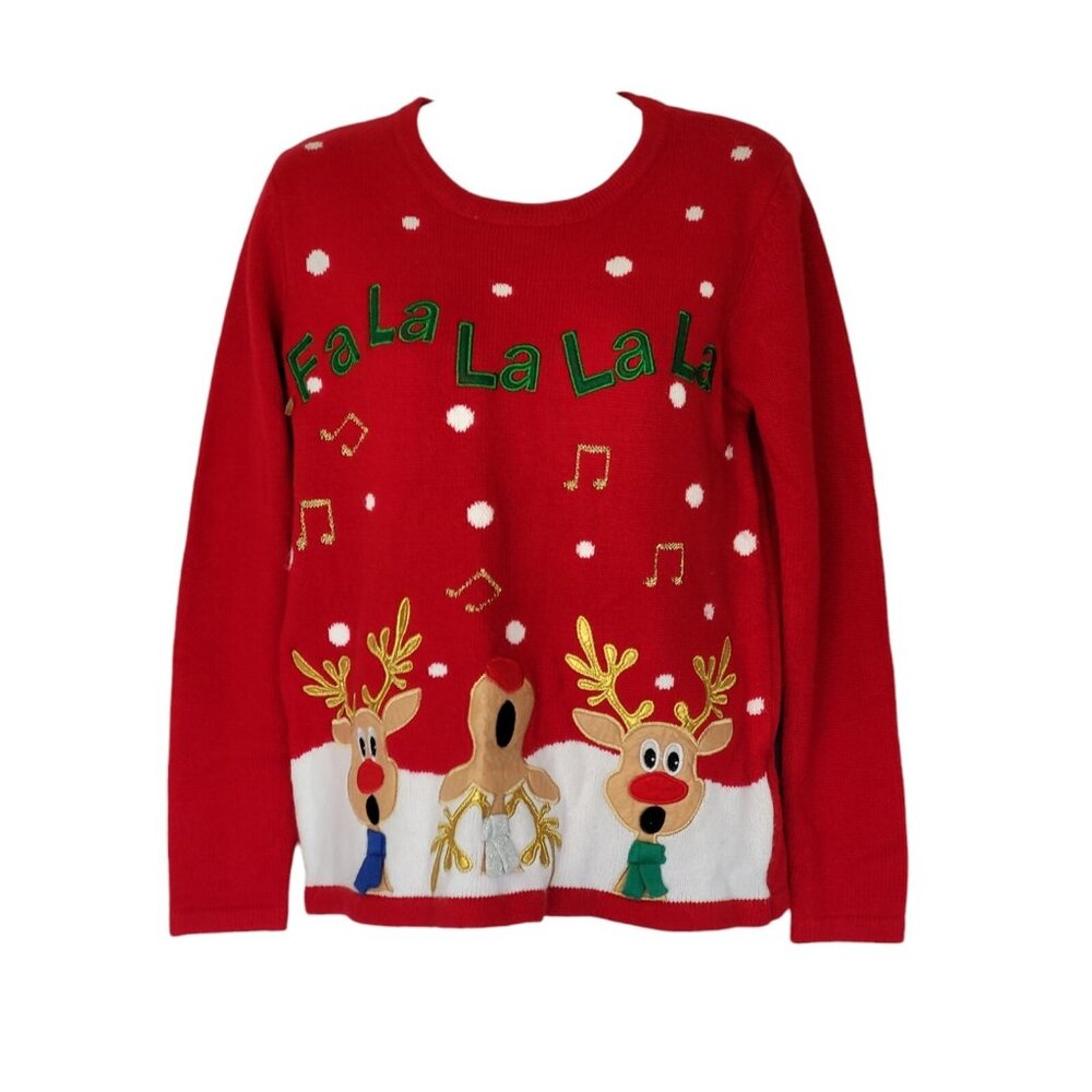 Holiday Time Sweater Womans Sz S Vtg Red Reindeer Falalalala Christmas - Picture 1 of 11